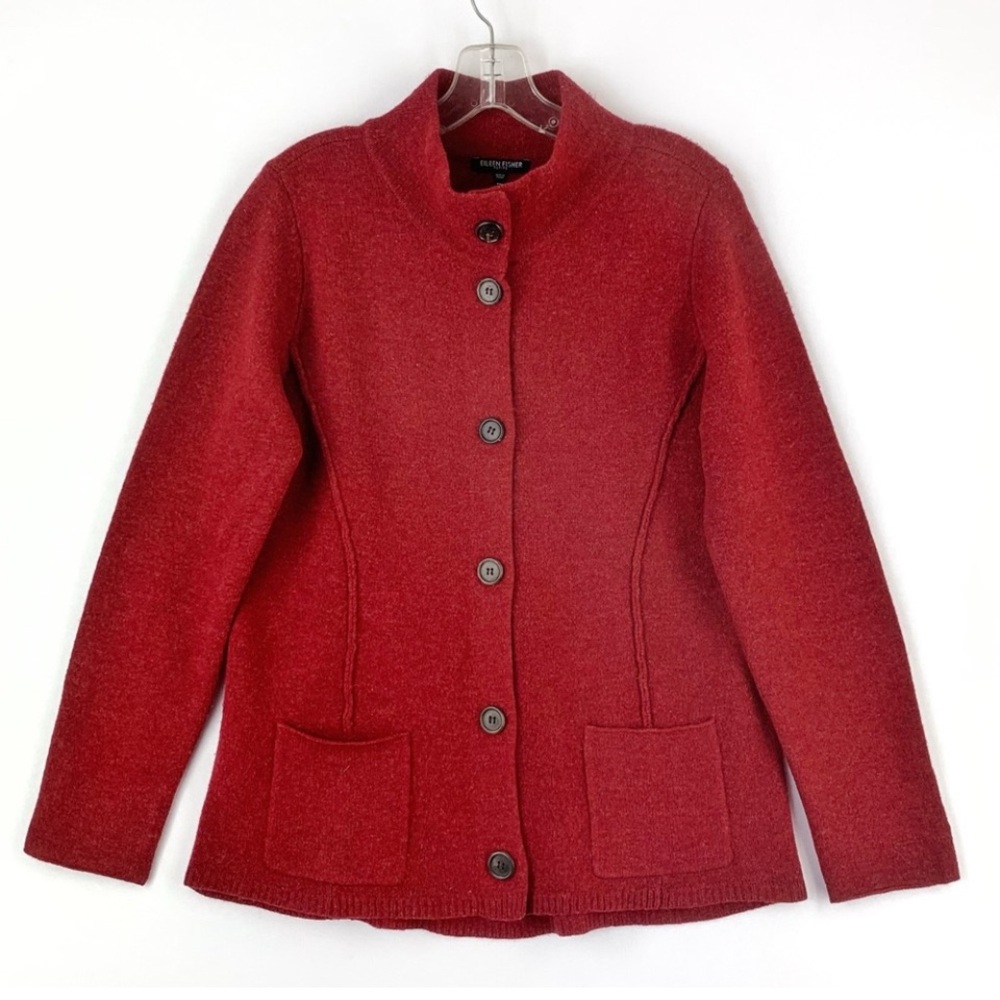 Eileen Fisher Red 100% Wool Button Front Cardigan Sweater Size MP